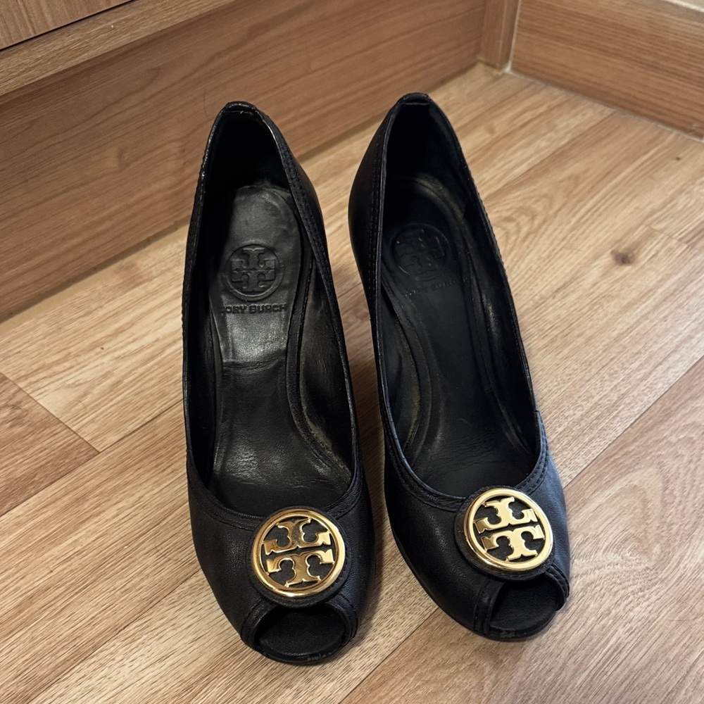 Tory Burch Black Heels with Gold Emblem